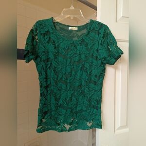 Short sleeve green floral lace blouse Size M